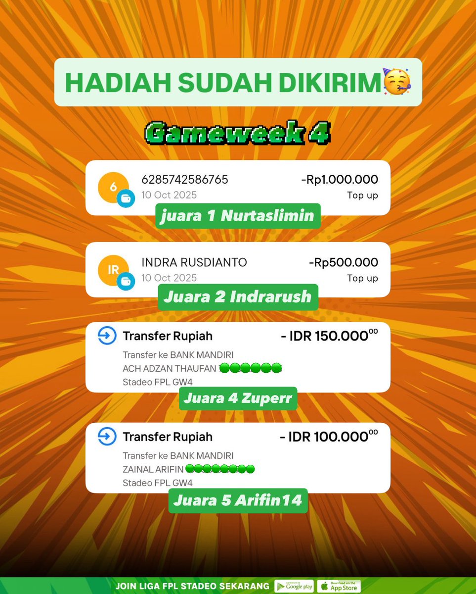 StadeoID's tweet photo. Hadiah Gameweek 4 sudah dikirim!
Selamat buat pemenang FPL Stadeo minggu ini 👏🔥

Mau dapet hadiah total Rp2 Juta tiap minggu juga? Yuk ajak temenmu buat join liga FPL Stadeo sekarang!

📢 Catatan: Hadiah yang tidak diklaim sampai batas waktu dianggap hangus https://t.co/f6hUwgzPF1