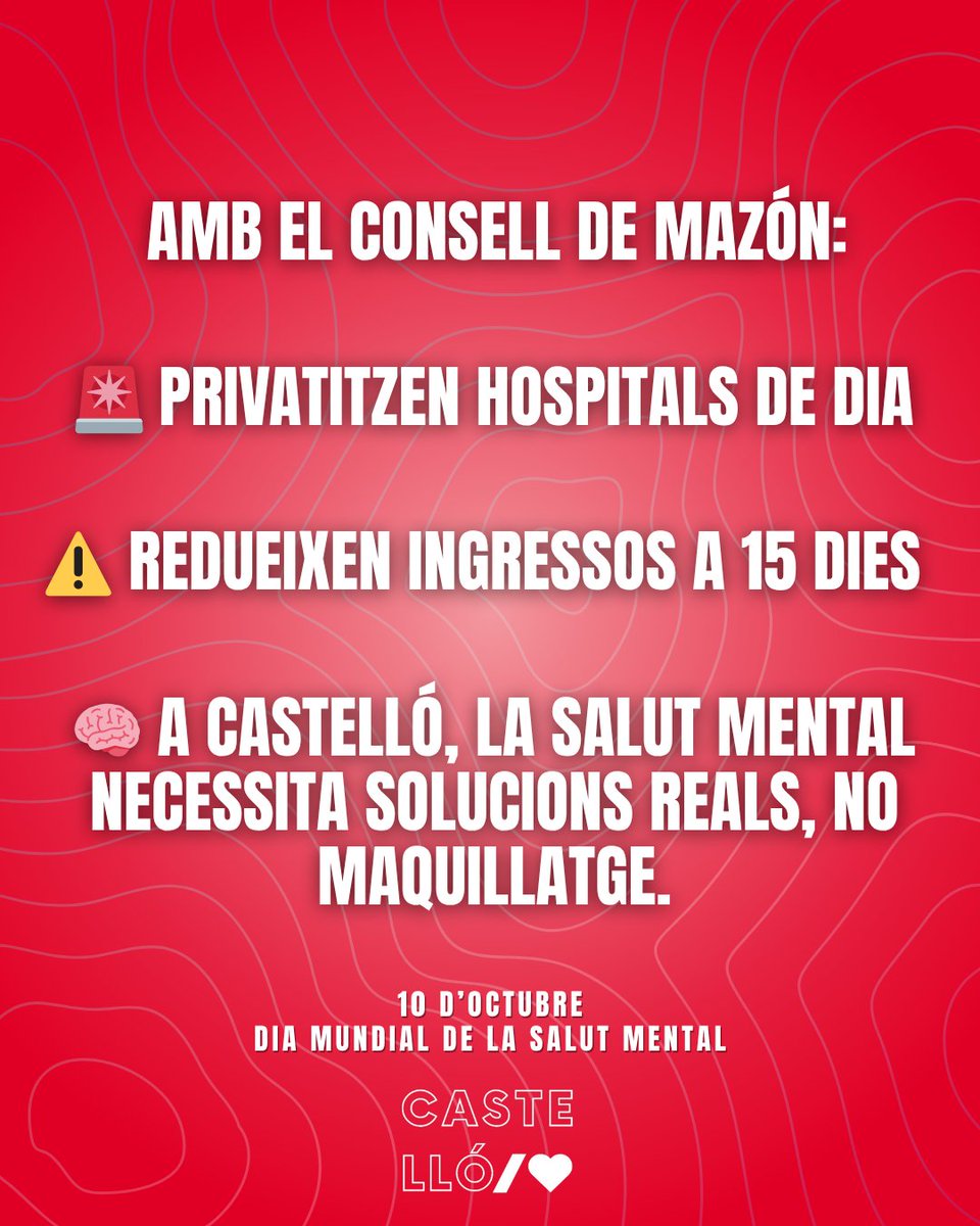 El 10 d’octubre, #DiaMundialDeLaSalutMental, reivindiquem una atenció pública, digna i de qualitat.

Des del #PSVP de #Castelló defensem una sanitat forta, transparent i amb especialistes suficients.
Perquè la salut mental és un dret fonamental 💪