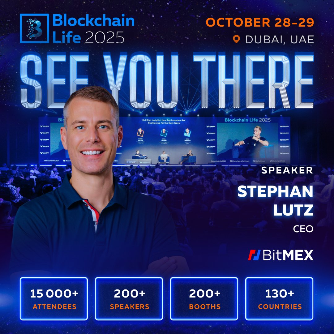 BitMEX's tweet image. 🌍 Where the Entire Crypto World Meets – Dubai, @BlLife_Forum 2025 🌍

Oct 28-29, BitMEX joins 15,000+ participants from 130 countries at the world’s LARGEST crypto forum 🚀

🔑 Save 10% with code BITMEX
👉 Get your ticket: blockchain-life.com