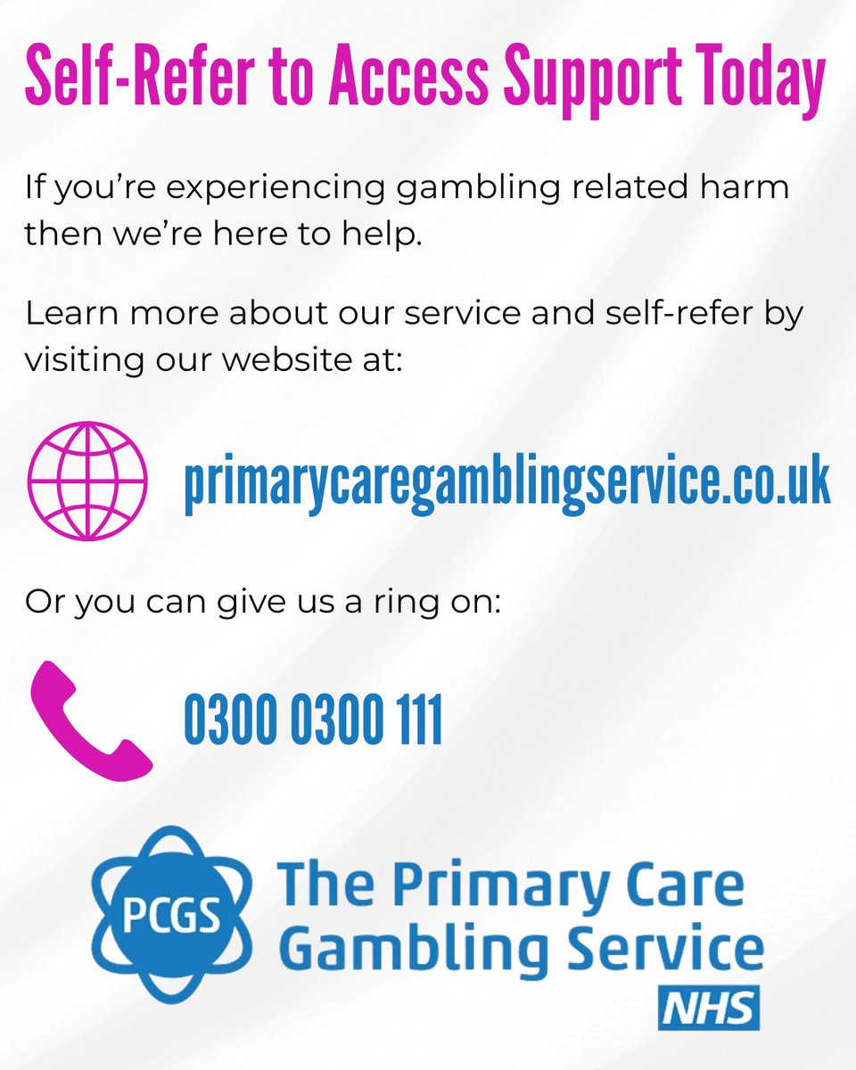 Today is World Mental Health Day. Today we're reflecting on the effects gambling can have on mental wellbeing, as well as the support that we offer to patients.

If gambling is affecting your wellbeing, you can self-refer for our service today.

We're here to help 🤝

#WMHD25