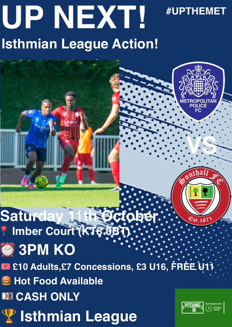 Tomorrow ⚽️🔜
We Host ⁦<a href="/FCSouthall/">Southall FC</a>⁩ At Imber Court.
📍Imber Court (KT8 0BT)
📆 11/10/25
⏰ 3PM KO
🎟️ £10 Adults, £7 Concessions, £3 U16, FREE U11
🍔 Hot Food Available From ⁦⁦<a href="/bluesburgerbar/">bluesburgerbar</a>⁩
🏆⁦<a href="/IsthmianLeague/">The Pitching In Isthmian League</a>⁩
💷 CASH ONLY
📸 Neil Kemp
#UPTHEMET