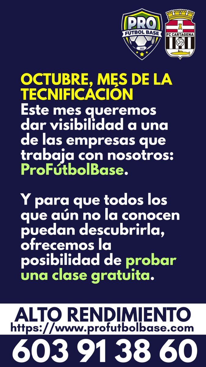 🤝 El FC Cartagena pone en marcha la tecnificación en Ciudad Jardín con la colaboración de PROFÚTBOLBASE

Sesiones específicas para mejora de técnica, táctica, y preparación física

🗓️Los entrenamientos se desarrollarán los lunes y jueves a las 18:30h ¡Os esperamos!