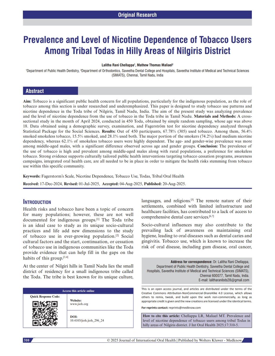 PhdSaveetha's tweet image. Congratulations Dr. Lalitha Rani on your recent publication &quot;Prevalence and level of nicotine dependence of tobacco users among tribal todas in hilly areas of Nilgiris district&quot; in the Journal of International Oral Health.