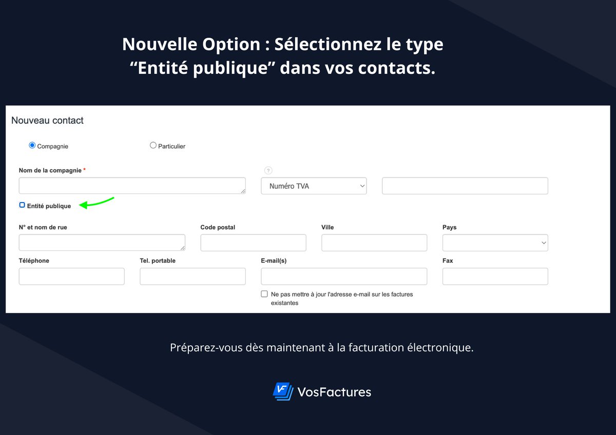 🆕 Nouvelle option : vous pouvez désormais définir le type “Entité publique” sur vos contacts pros.

Une étape de plus vers une transition fluide et conforme vers la #FacturationÉlectronique ⚙️

#TPE #PME #Facturation #PlateformeAgree #Logiciel #SaaS #Entrepreneurs #B2G