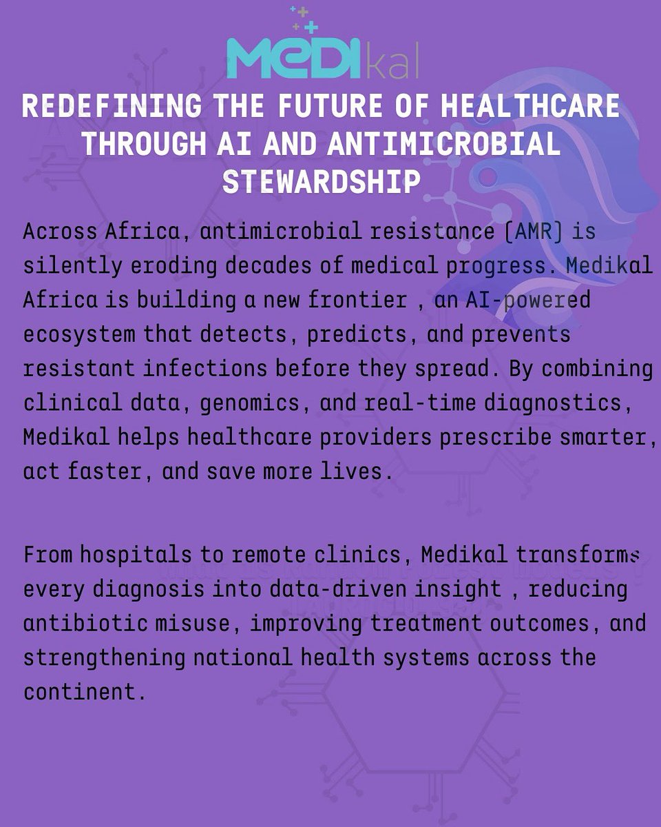 medikal_africa's tweet image. We’re building Africa’s first AI-driven antimicrobial resistance defense system, where genomic intelligence, federated learning, and real-time clinical automation converge. Homegrown innovation for a healthier, data-empowered Africa.
#AMR #AIinHealthcare #MedTech #AfricaTech