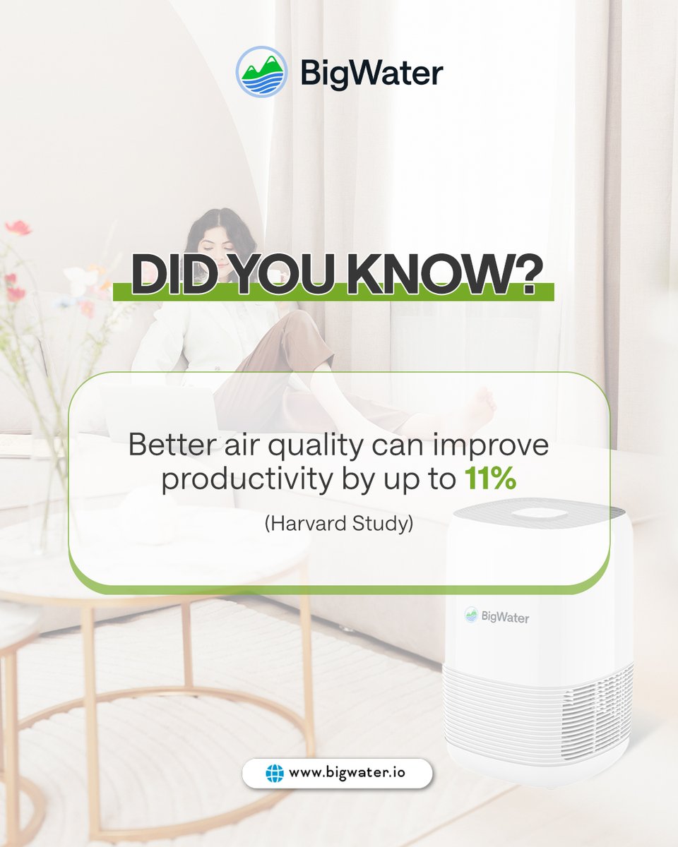Did you know 🌬️

Better air quality can boost your productivity by up to 11% (Harvard Study).
With BigWater Air Purifier, you’re not just breathing cleaner — you’re working smarter, living healthier, and even earning rewards with $BIGW tokens.

👉 Upgrade your air, upgrade your