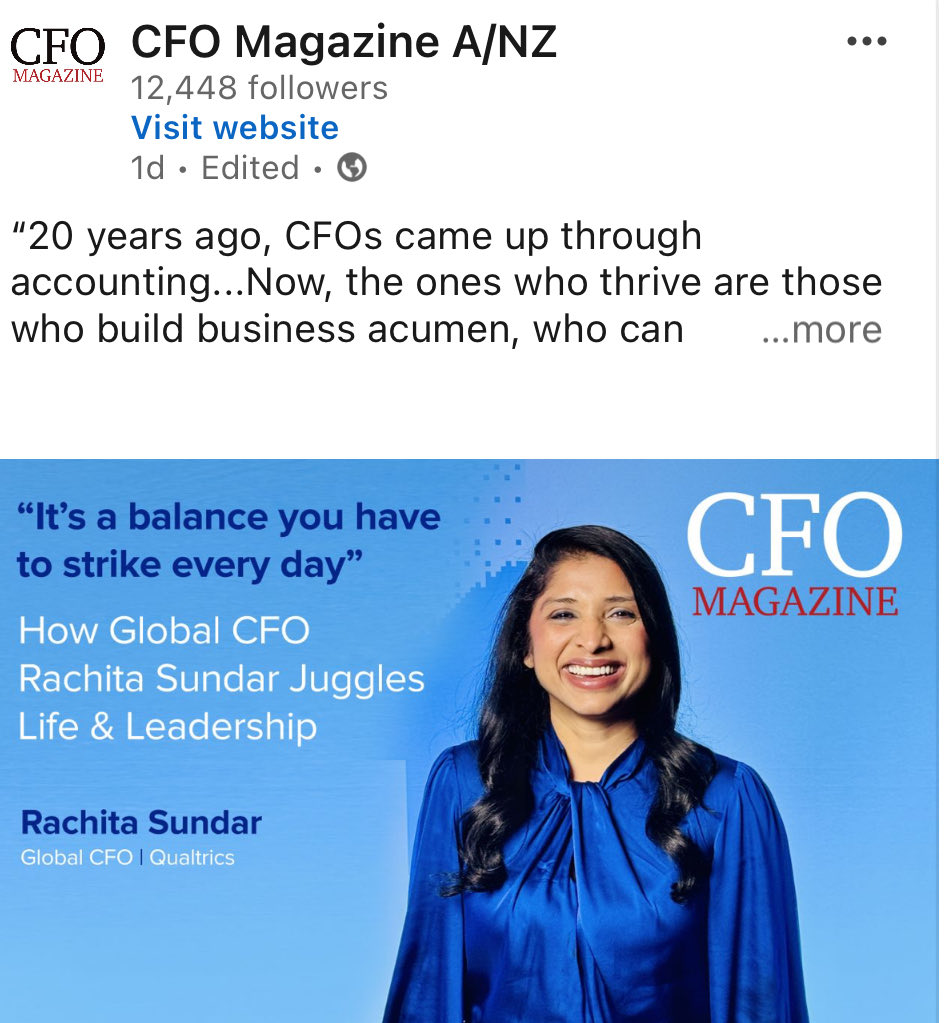 Delighted to have the opportunity to interview Rachita Sundar, Global CFO at <a href="/Qualtrics/">Qualtrics</a> &gt; Full interview now online @ CFOMagazine.com.au