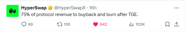 ericonomic's tweet photo. HyperSwap announced yesterday that they will allocate 75% of their revenue to buy back and burn their token, giving holders direct exposure to the protocol (unlike Uniswap or most other DEXs).

According to DefiLlama data, they’re generating around $2–2.5M in revenue per quarter, which translates to roughly $8–10M annualized revenue (let’s assume $8M).

From those $8M, 75% will be used for buybacks and burns, resulting in approximately $6M in net yearly token purchases.

The current HYPE P/E ratio is around 11.5 ($15B / $1.3B), so applying the same metric, the “fair” valuation of HyperSwap would be around $70M market cap.

Of course, this should be taken with a grain of salt since:
1) Their revenues are declining and seems that they won't use most of their already generated revenue for the TGE
2) They may face stronger “vampiric” attacks from competing protocols
3) Their flywheel might fail to sustain itself (e.g., will buybacks outweigh incentives AKA points? Will those incentives be enough to attract liquidity?)
4) Seems like they're building a HIP-3 trading terminal that could increase the revenues and thus the buybacks

In any case, I’m really happy to see the Hyperliquid ethos spreading among its native projects. Even though some are forks, they still strive to innovate and contribute positively to the community.

Congrats @HyperSwapX, looking foward to the TGE.