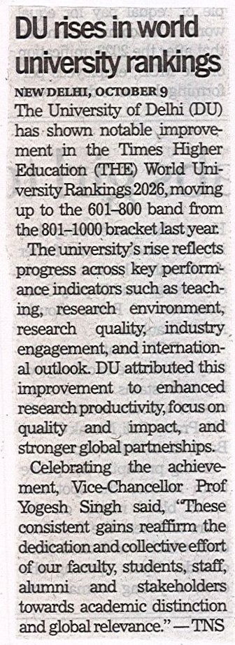 दिल्ली विश्वविद्यालय (डीयू) ने टाइम्स हायर एजुकेशन (THE) वर्ल्ड यूनिवर्सिटी रैंकिंग 2026 में उल्लेखनीय सुधार दर्ज किया है।

आगे पढ़ने के लिए क्लिक करें - du.ac.in/index.php?mact…