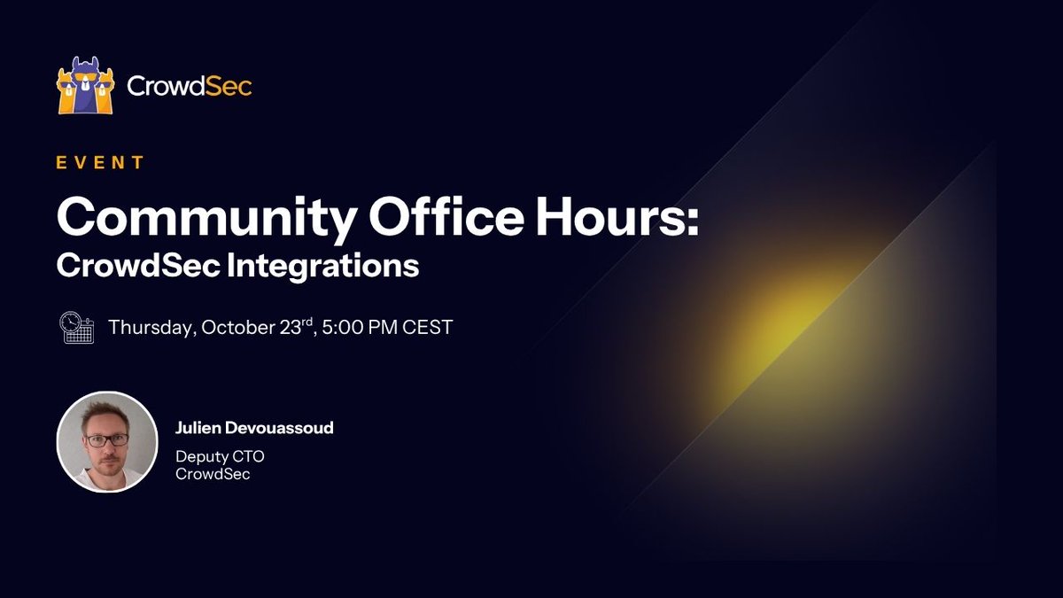 Crowd_Security's tweet image. 🎃 #CybersecurityAwarenessMonth is here, and we’ve got plenty lined up for you!

To wrap up the month, our October CrowdSec Community Office Hours will dive into how you can extend CrowdSec’s capabilities through community-driven integrations and SDKs.

🗓️ Join us on October 23rd…