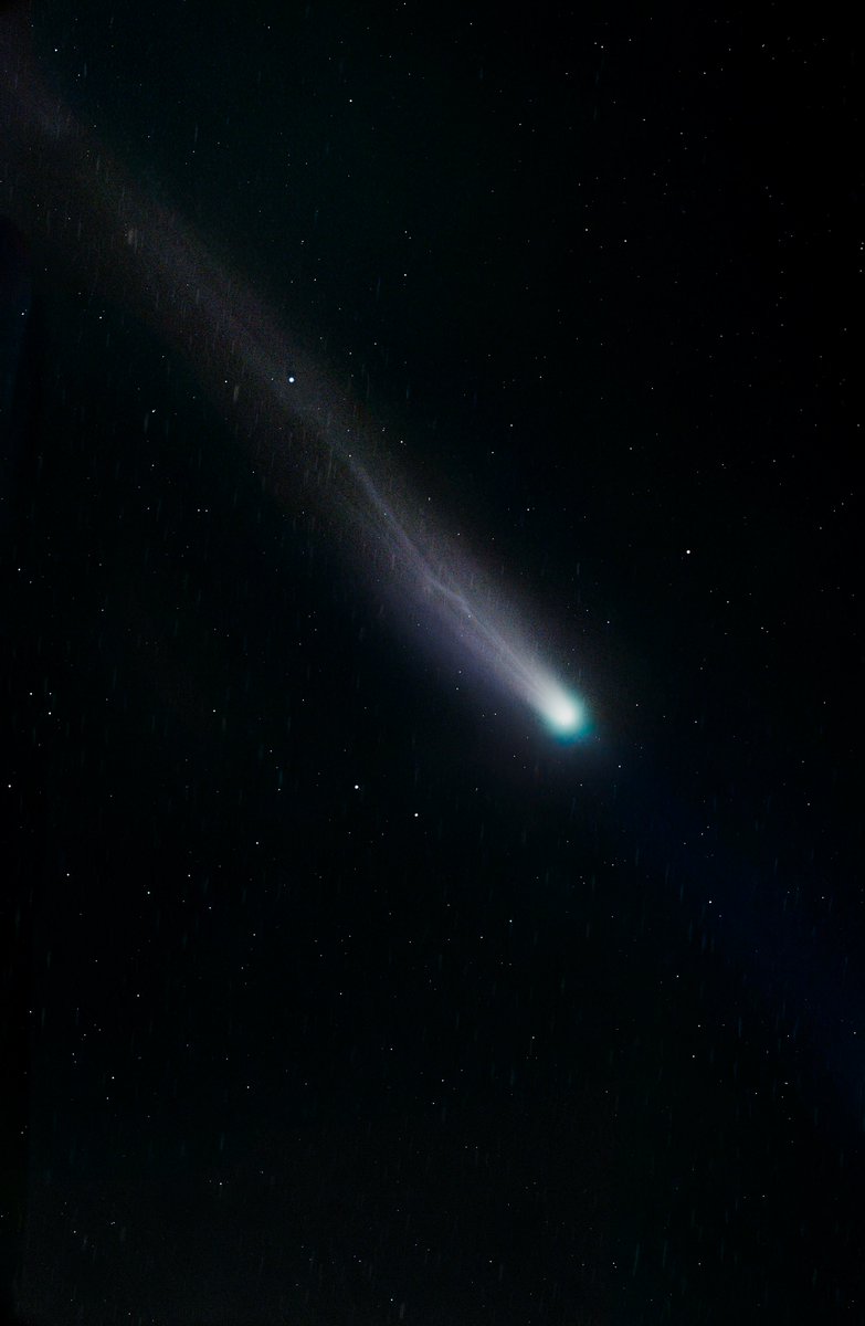 Comet C/2025 A6 Lemmon
Rockyford Alberta 20251009T
A very difficult image to process, I was trying to  salvage as much as I could due to the full Moon.
This image is an 84 Pixinsight image stack, actually it's 2 stacks one on comet align and the other on star align, the images
