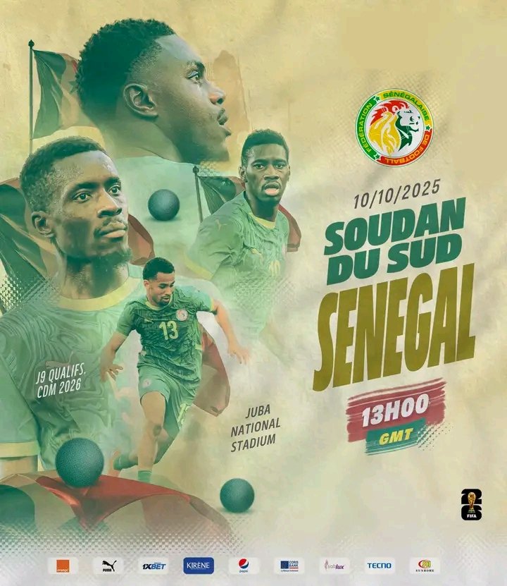 InfosSenegalais's tweet photo. Jour de match : Soudan vs Sénégal ,cet après midi à Juba .
⏲️13H 00
📺Rts1
#Qualificationscoupedumonde2026
#YokhLeu_DieuLiKo🇸🇳🦁💪🏿⚽ https://t.co/WUGgQNFsrq
