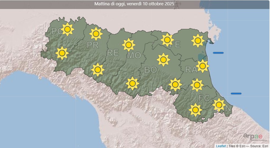 ☀️Le previsioni #meteo di oggi in #EmiliaRomagna: permangono condizioni di tempo stabile e soleggiato, con formazione di foschie dense dopo il tramonto soprattutto sulle pianure tra ferrarese e ravennate
🌡️max 20/23°C
Maggiori info e aggiornamenti arpae.it/it/temi-ambien…