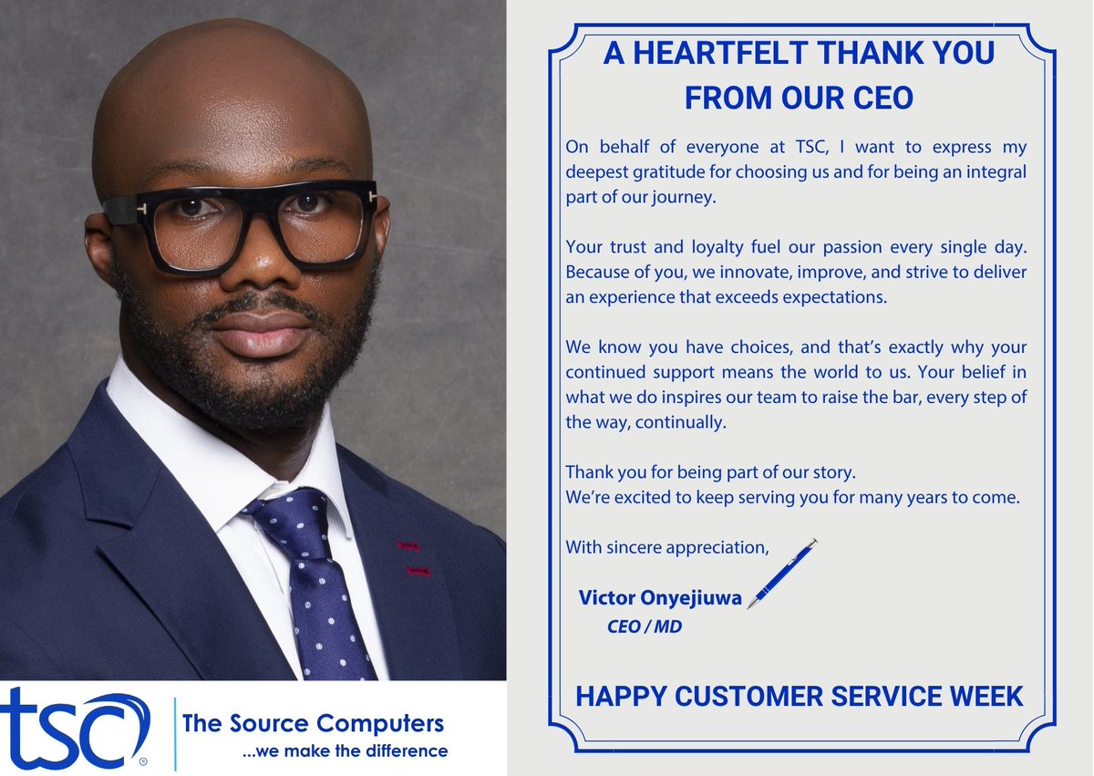 On behalf of  TSC, I would like to express my sincere gratitude for your continued trust and loyalty. Your support has been a vital part of our success and inspires us to keep delivering excellence every day.

#ThankYouFromTSC
#WeValueYou
#TSCAppreciatesYou
#Missionpossible