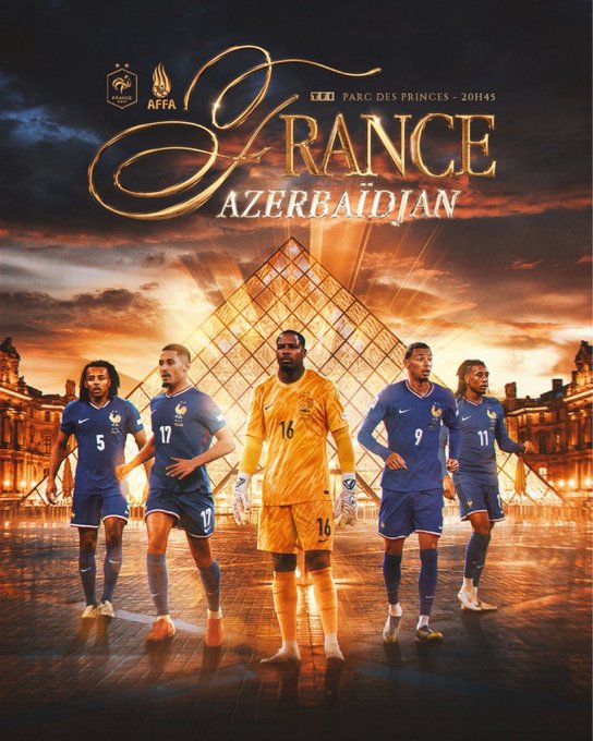 Group of five French national football team players in blue Nike jerseys and shorts with numbers 5, 17, 16, 9, 17 stand confidently in front of the illuminated Louvre Pyramid at night. The central player wears a yellow goalkeeper uniform with gloves. Golden text overlays read GRANCE AZERBAIDJAN and Parc des Princes 2024 above and below the emblem of the French Football Federation. The background features a dramatic sunset sky with clouds and the stadium entrance visible.
