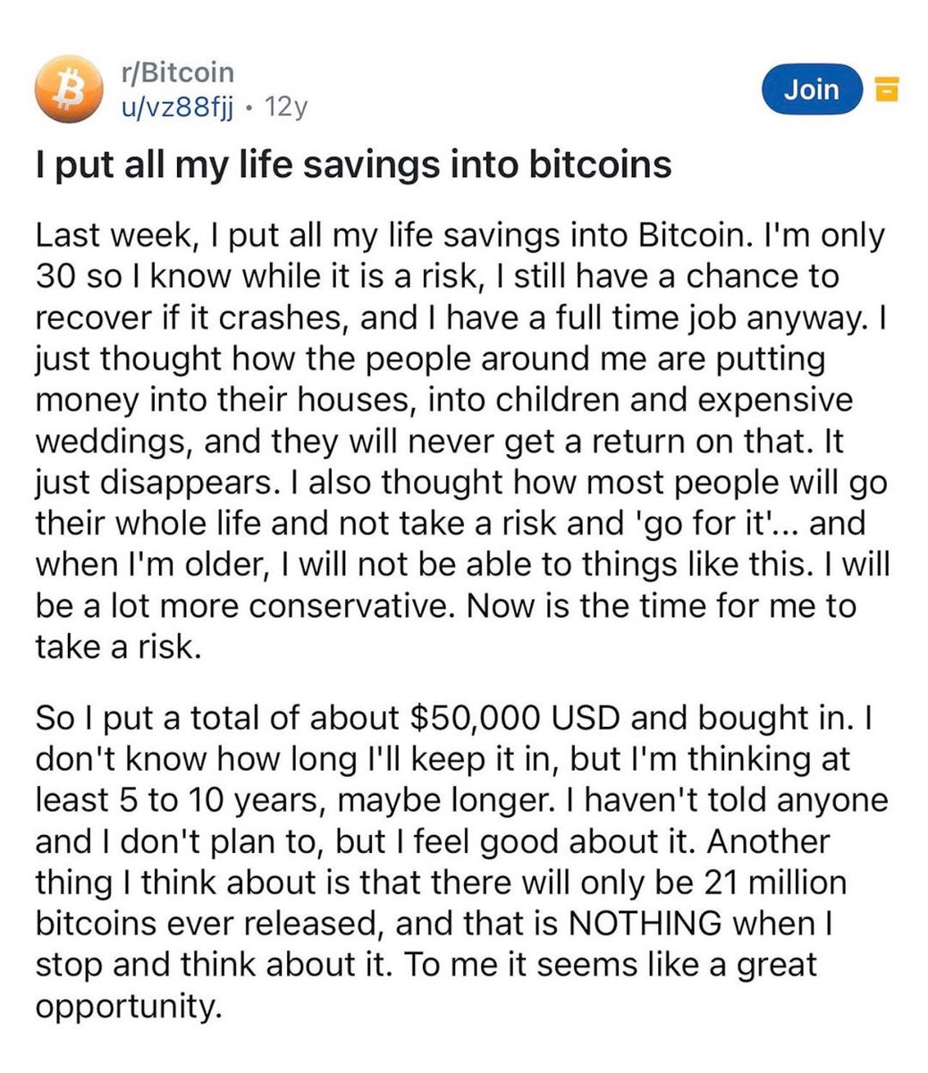 On pense souvent à cette personne LAMBDA qui a converti TOUTE son épargne en Bitcoin il y a 12 ans, quand BTC valait environ 3 dollars.

“J'ai mis toutes mes économies en bitcoins”

“La semaine dernière, j'ai mis toutes mes économies en Bitcoin. Je n'ai que 30 ans, donc je sais