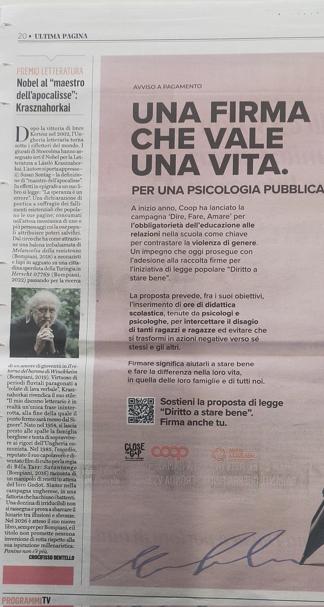 Sul Fatto oggi in edicola un mio brevissimo commento sul Nobel al fluviale Krasznahorkai.