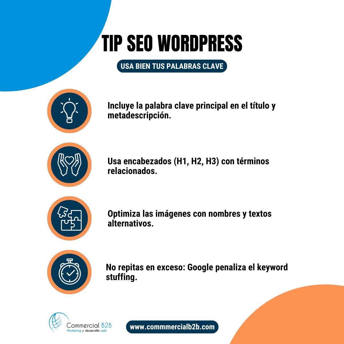 📌 Colocar palabras clave no es rellenar textos, es construir una estrategia.
En WordPress, una buena optimización SEO empieza por saber dónde y cómo usarlas:

#ConsejoSEO #PalabrasClave #WordPressSEO #PosicionamientoWeb #SEOparaNegocios #ComercialB2B #Soria #EmpresasSoria