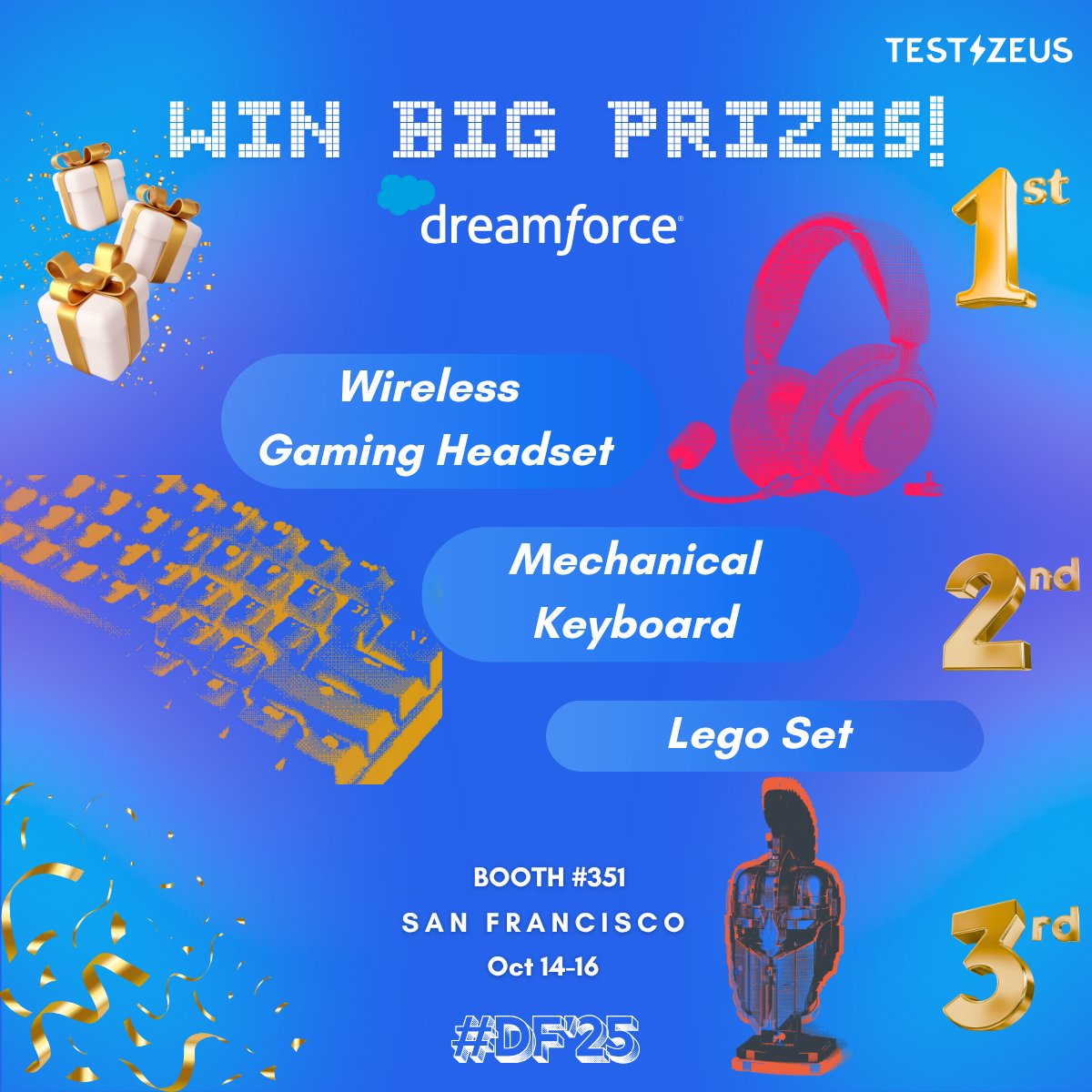 TestZeusAI's tweet image. 🎉 We’re back with another @Dreamforce  contest! 🏆

To Participate: Drop by our Booth #351 at Dreamforce, #SanFrancisco (Oct 14–16) and enter the Lucky Draw for a shot at these amazing goodies!

💡 Pro tip: Share this post to double your chances to win!

#DF25 #TestZeus #WinBig