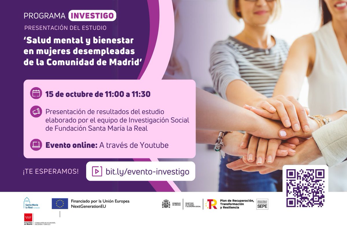 📌 El próximo 15 de octubre a las 11.00h presentaremos en un #eventoonline los hallazgos del #estudio “Salud mental y bienestar en mujeres desempleadas” de nuestro #ProgramaInvestigo 🔎

🗓️ 15/10 de 11:00 a 11:30 h
💻 Síguelo en directo → bit.ly/evento-investi…