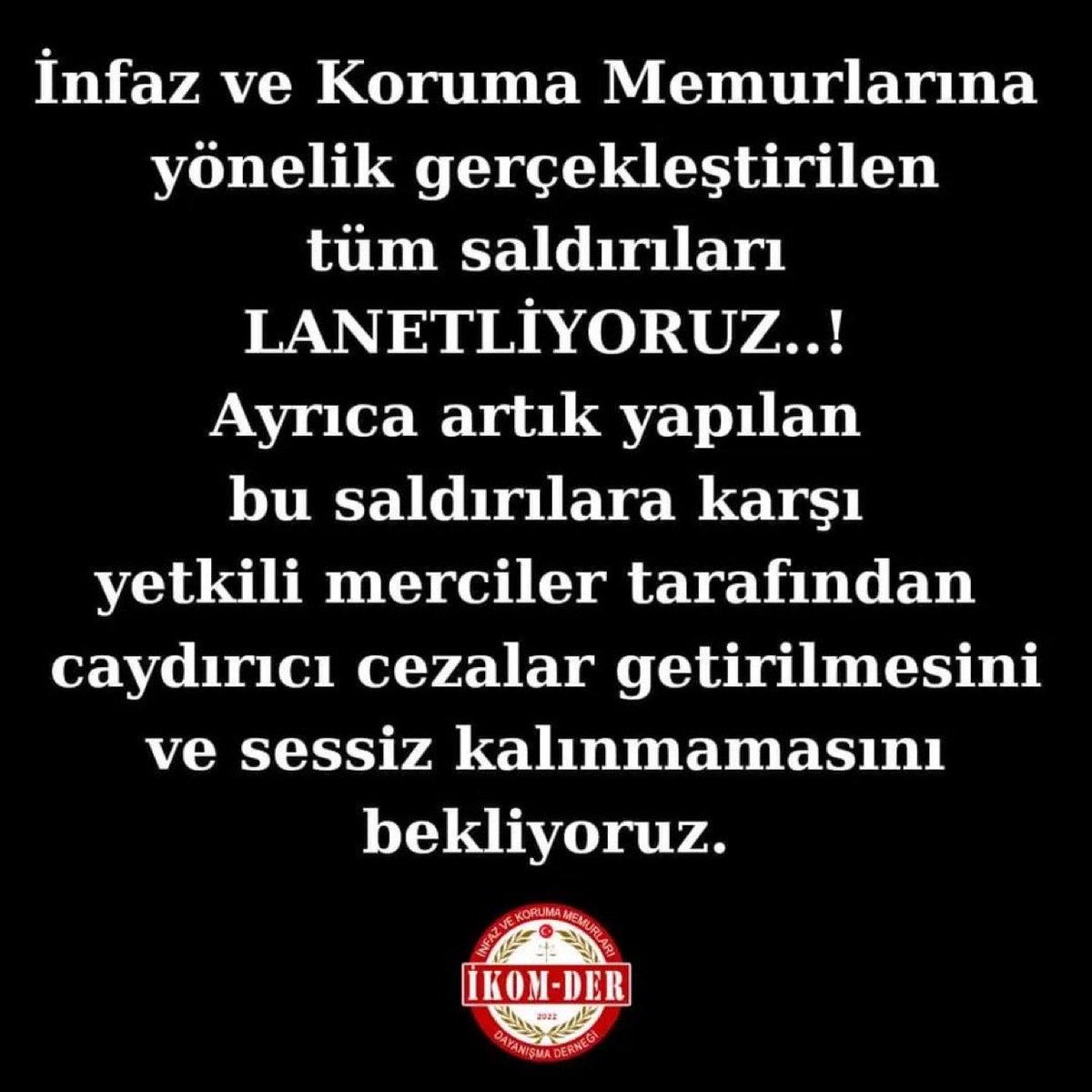 İnfaz Koruma Memurlarına bugüne kadar binlerce saldırı yapıldı, yaralandılar, öldürüldüler.
Tekirdağ Çorlu’da Karatepe Yüksek Güvenlik Cezaevinde bir infaz Koruma memurumuza bir mahkum tarafından bıçaklı saldırı oldu. Kardeşimiz ağır yaralandı.
Bu zor, bu meşakkatli görevi yapan