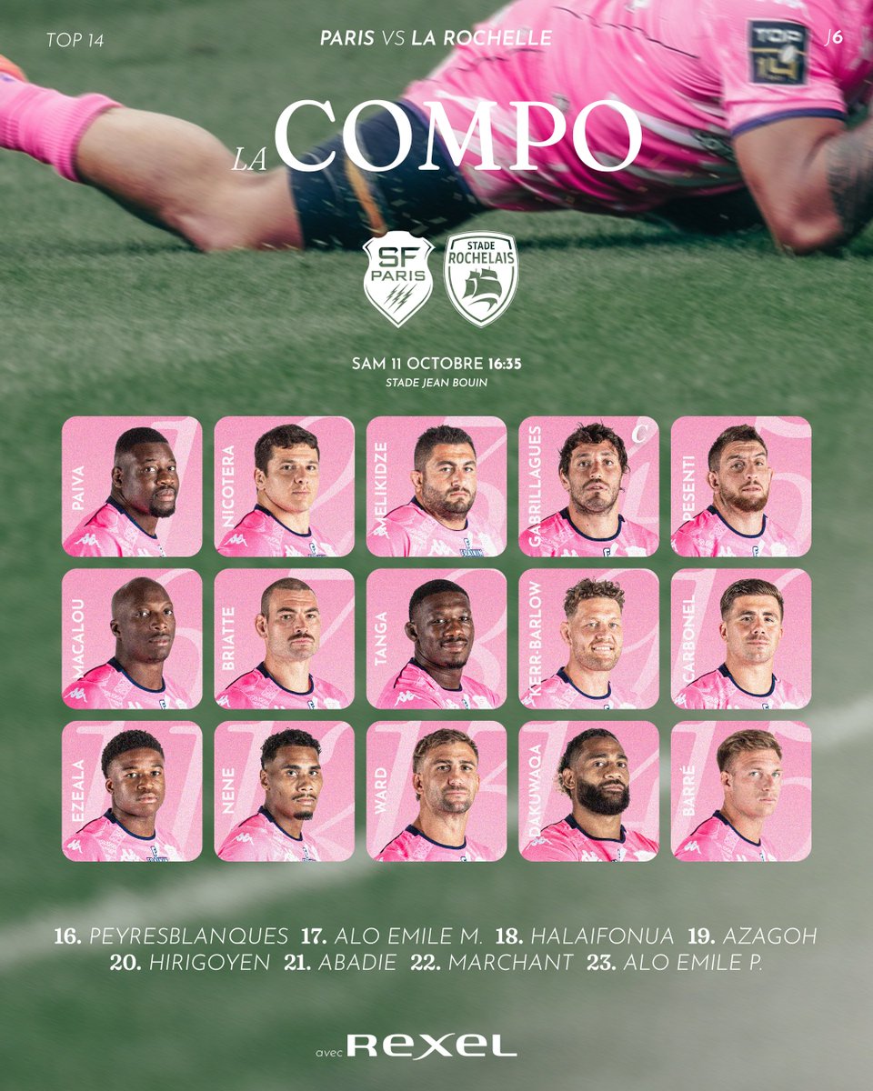 La 𝐜𝐨𝐦𝐩𝐨 🌸

Découvrez les 23 Parisiens alignés pour la sixième journée de Top 14 face à La Rochelle, samedi à 16:35 💥

#SFPSR | avec ℝ𝕖𝕩𝕖𝕝