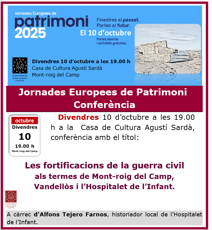 🔔 Recordatori: Avui és divendres 10 d’octubre i la conferència tindrà lloc aquest vespre a les 19.00 h. Si t’interessa la història local i el patrimoni de la Guerra Civil, no t’ho perdis!