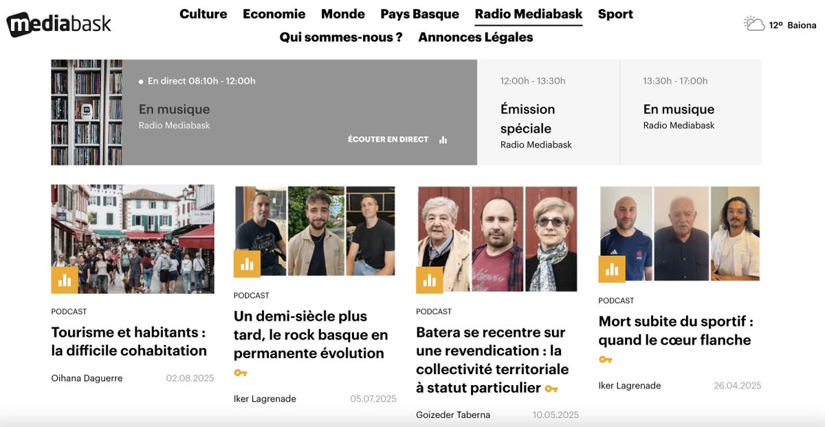 📻 Une nouvelle rubrique fait son apparition sur Mediabask.eus ! Dès aujourd’hui, Radio Mediabask s’écoute sur tous les appareils.  

🎙️ Pour l’occasion, une émission spéciale, en direct et en vidéo, sera diffusée ce vendredi, à partir de midi !
