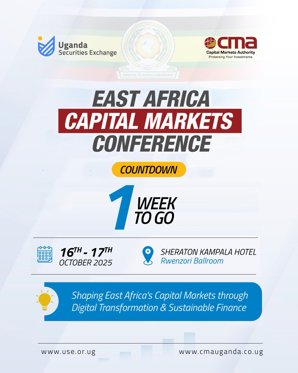 USEUganda's tweet photo. ✨1 week to go!✨

On 16–17 October, the East Africa Capital Markets Conference #EACMC2025 brings together the region’s top financial minds to chart the path toward a more digital and sustainable future. 🌍💡

Don’t miss it! Register now: https://t.co/1VV42IXpPw https://t.co/nMAX4PKJVn