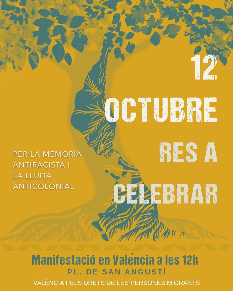 12 d’octubre res a celebrar!
Ens veiem a les 12 h a la plaça Sant Agustí (València) ✊
Per la memòria antiracista i la lluita anticolonial.
🔥 Plantem cara al racisme i al colonialisme!

#12Octubre #ResACelebrar #Antiracista #València