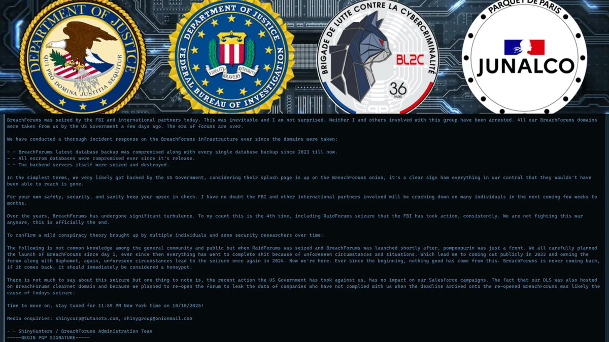 DailyDarkWeb's tweet image. BreachForums has been seized in an international operation led by the FBI; ShinyHunters confirmed the takedown but threaten to leak Salesforce data tonight. dailydarkweb.net/breachforums-s…