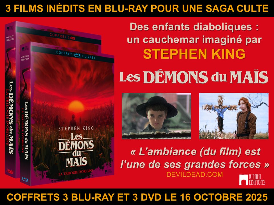 🎬Rimini Editions prévoit la sortie de la trilogie d’origine "Les Démons du Maïs" 🌽 en coffret 3 Blu-Ray et 3 DVD, le 16 octobre 2025.

🔗 Plus d'infos : stephenkingfrance.fr/%C3%A9v%C3%A8n…