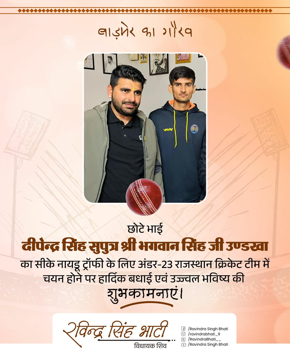 बाड़मेर का गौरव! 

छोटे भाई दीपेन्द्र सिंह सुपुत्र श्री भगवान सिंह जी उण्डखा का सीके नायडू ट्रॉफी के लिए अंडर-23 राजस्थान क्रिकेट टीम में चयन होने पर हार्दिक बधाई एवं उज्ज्वल भविष्य की शुभकामनाएं।