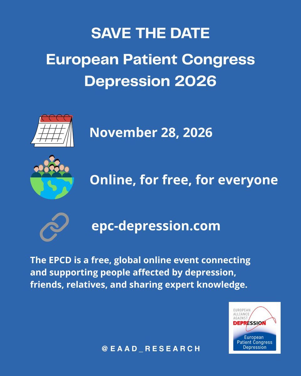 EAAD (@eaad_research) on Twitter photo Special announcement on the occasion of #WorldMentalHealthDay! The European Patient Congress Depression returns on 28 November 2026 as a free online event. Save the date! Special announcement on the occasion of #WorldMentalHealthDay! The European Patient Congress Depression returns on 28 November 2026 as a free online event. Save the date!