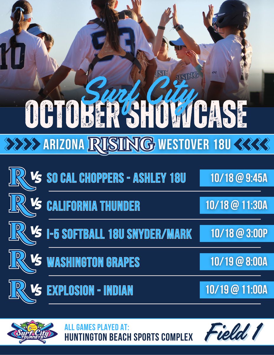 Schedule drop‼️ The squad is Surf City October Showcase bound. <a href="/RisingWestover/">Arizona Rising Westover 18U</a> is bringing the Arizona heat to Huntington Beach next week! Catch us on Field 1, Oct 18–19. We're ready to make some waves!  <a href="/RisingFastpitch/">RisingFastpitch</a>