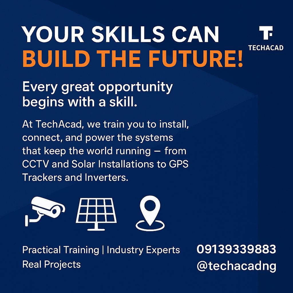techacadng's tweet image. Every skill you learn today becomes your strength tomorrow.
Join TechAcad and gain hands-on experience that opens real opportunities in tech installation.
Let’s help you build the future with your own hands.

#TechAcad #TechSkills #NigeriaTech #SolarInstallation #CCTVTraining