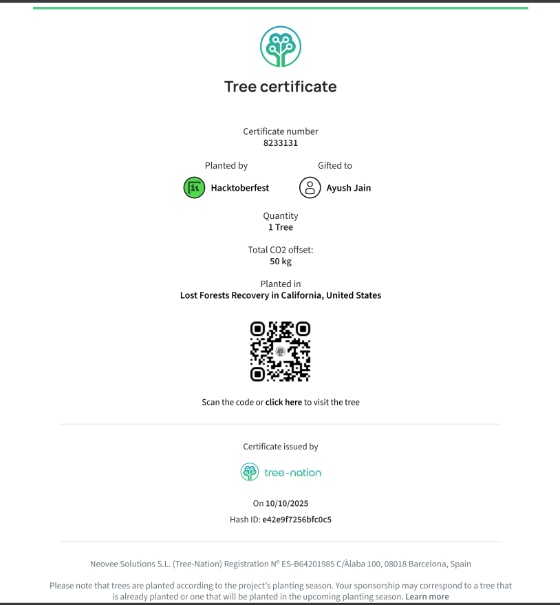 urayushjain's tweet photo. My #Hacktoberfest OSS contributions planted a tree in California's Lost Forests Recovery project—offsetting 50kg CO₂, gifted to me (Ayush Jain)!
Open source + eco-win = ultimate vibe. Loved it! 
@hacktoberfest @treenation #Hacktoberfest2025 
#TreePlanting #CarbonOffset #OSS https://t.co/dKTzvts7SA