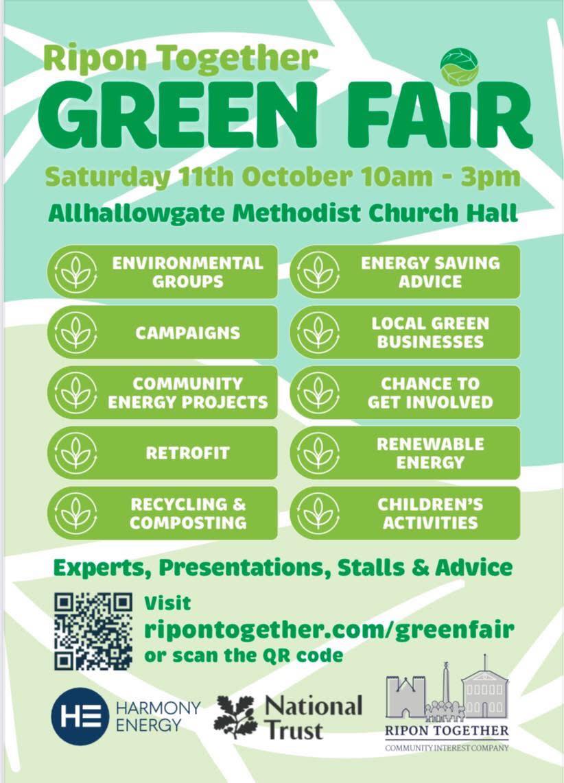 Tomorrow we will be supporting Ripon Together Green Fair.
We will be discussing Active and Sustainable travel in Ripon and how we can support residents and schools.
Join us from 10:00 am – 3 pm
Allhallowgate Methodist Church. Victoria Grove. Ripon. HG4 1LG
<a href="/RiponTogether/">Ripon Together</a>