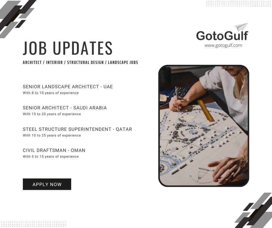 GotoGulf's tweet image. Click on the below link to apply for the job vacancies,
gotogulf.com/PublicSearchVi…
#jobseekers #Seniorlandscapearchitect #SeniorArchitect #Steelstructuresuperindent #Civildraftsman #Oman #saudiarabia #uae #Qatar #GCC
