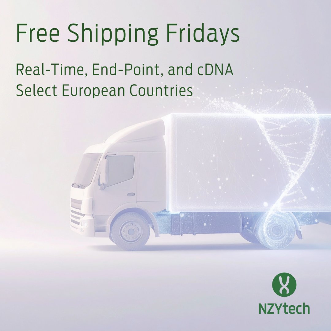 Today NZYtech is covering your delivery costs.

With Free Shipping Fridays, researchers and labs across Europe can enjoy free shipping on online orders using the code FREESHIPPINGFRIDAY1025. Valid for the first 100 redemptions.