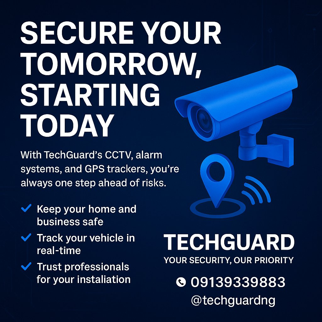 TechGuardNg's tweet image. Every moment counts when it comes to your safety.
With TechGuard’s CCTV, alarm systems, and GPS trackers, you’re always one step ahead of risks.