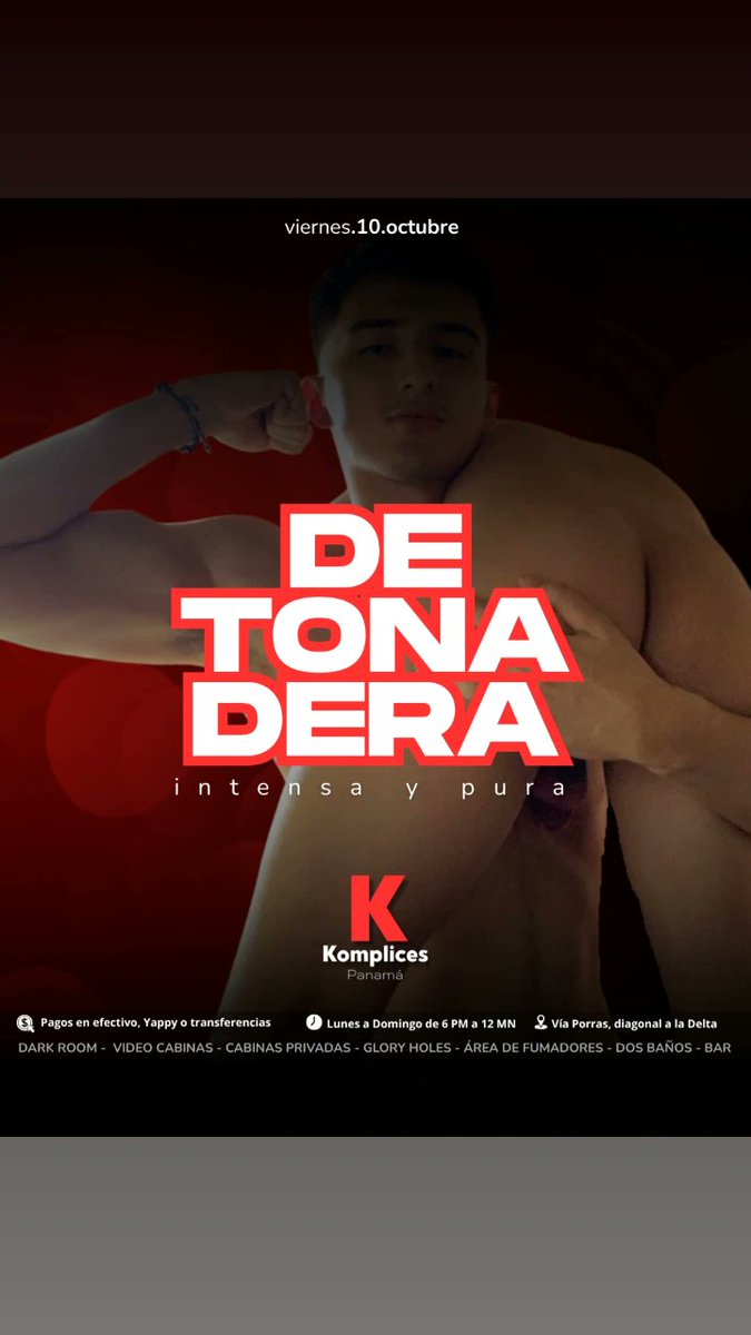 😈 KOMPLICES, VIERNES DE DETONADERA 😈​

Entrada:
​$8 Desnudo
$10 en interiores

​Open Bar de PURA PERDICIÓN de Ron, Seco y Vodka

​6 PM – 7 PM
​8 PM – 9 PM
​10 PM – 11 PM

​Que no te cuenten qué tan inolvidable fue la noche de Komplices 😉🔥