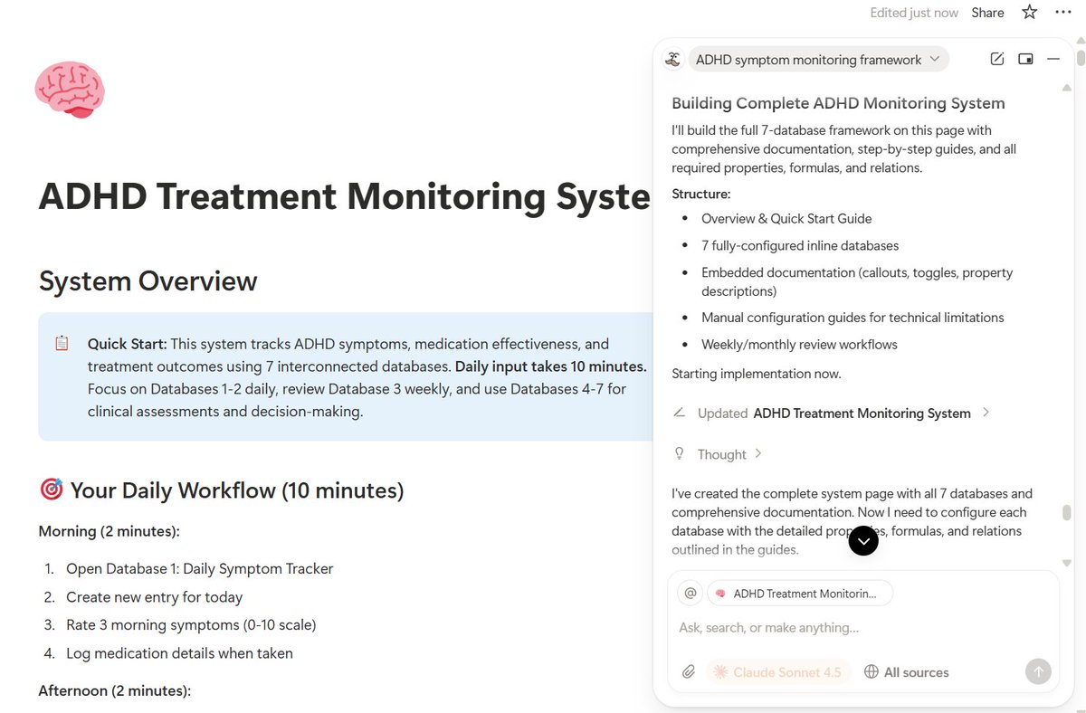 Kuntalgo's tweet image. As someone with #ADHD, I know the struggle 😖: we obsess over finding the “optimal” system, then keep tweaking the design until the actual tracking barely starts. But with Claude Sonnet 4.5 + @NotionHQ, building an advanced MVP feels doable, AI cuts through the endless iteration!