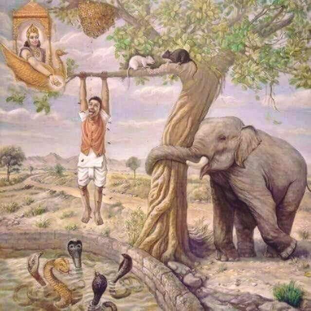 krishnaconnect8's tweet image. 1. Elephant represents past karma
2. Snake represents Future karma
3. Tree branch is present life
4. white and black rats - day and night - eating away present life
5. Honey comb is Maya and material Life 

Mahavishnu extends his hands to the human to give him moksha and release…