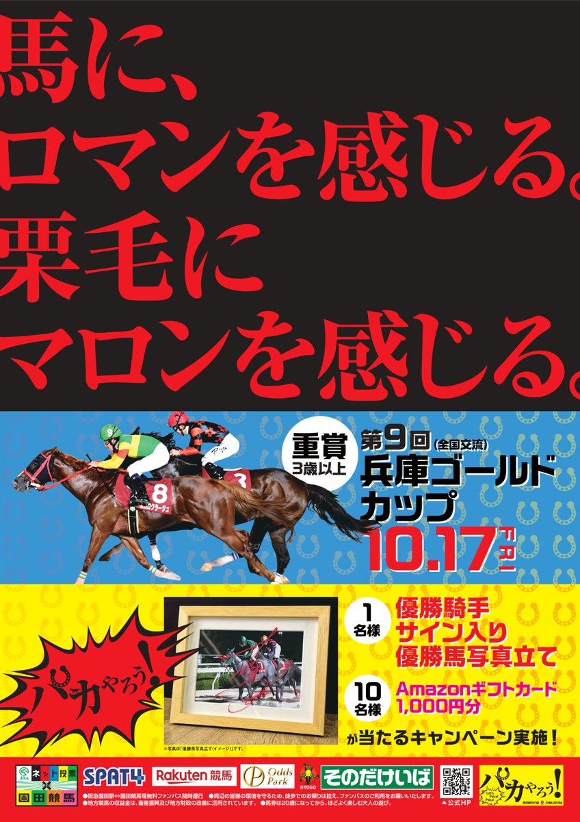 sonoda_himeji's tweet image. ／
🎊第9回 #兵庫ゴールドカップ 開催🎊
＼

◎優勝騎手サイン入り🏇優勝馬写真立て×1名様
◎Amazonギフトカード1,000円分×10名様
が当たるキャンペーン実施！

参加方法
①＠sonoda_himejiをフォロー
②このポストをリポスト
締切…10/18（土）15：00

展望はこちら👇
sonoda-himeji.jp/race/grade/det……