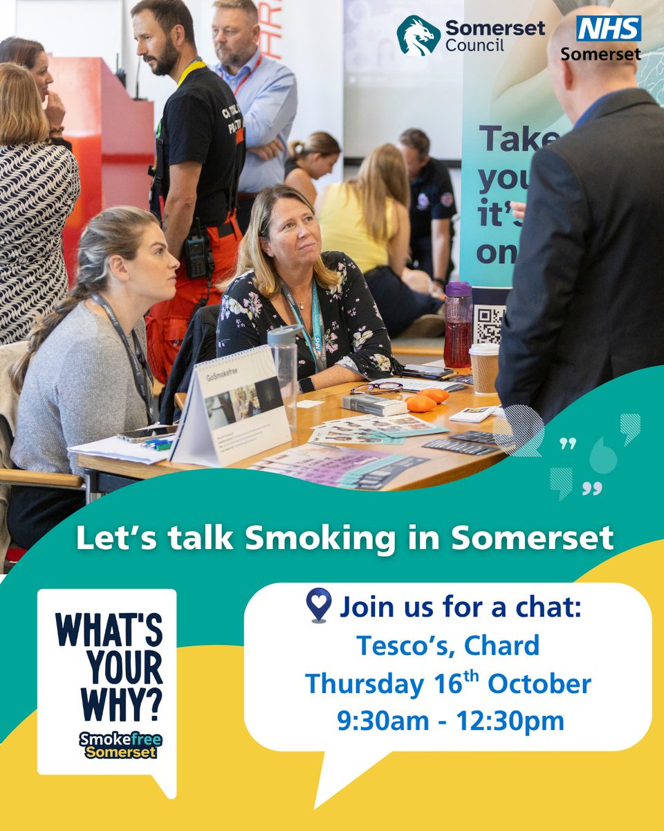 It’s Stoptober!💪

Smokefree Somerset engagement team are offering support and advice to help you quit smoking or to help you support someone you care about❤️

Come and chat with us for:
💬Friendly, practical advice
📘Free resources to help you quit
🫁Free Carbon Monoxide testing