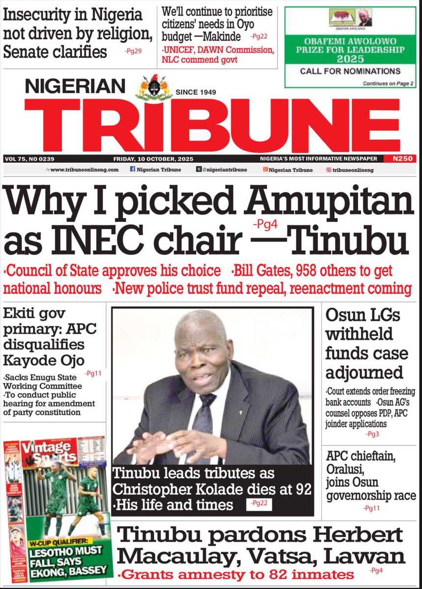 Ishaku__Audu's tweet image. 10.10.2025
#Newspapers #Updates #Gaza #Politics #Headlines  #Security #sports

cc:
@officialABAT
@KashimSM
@ProfZulum
@GovBuni
@JibrinIbrahim17
@KhalifaDikwaPhD
@Senatorndume
@honbetara1
@NuhuRibadu
@B_ELRUFAI
@alouibrahim92
@ZagazOlaMakama
@DejiAdesogan
@secmxx
@AbbakarAffan
1.