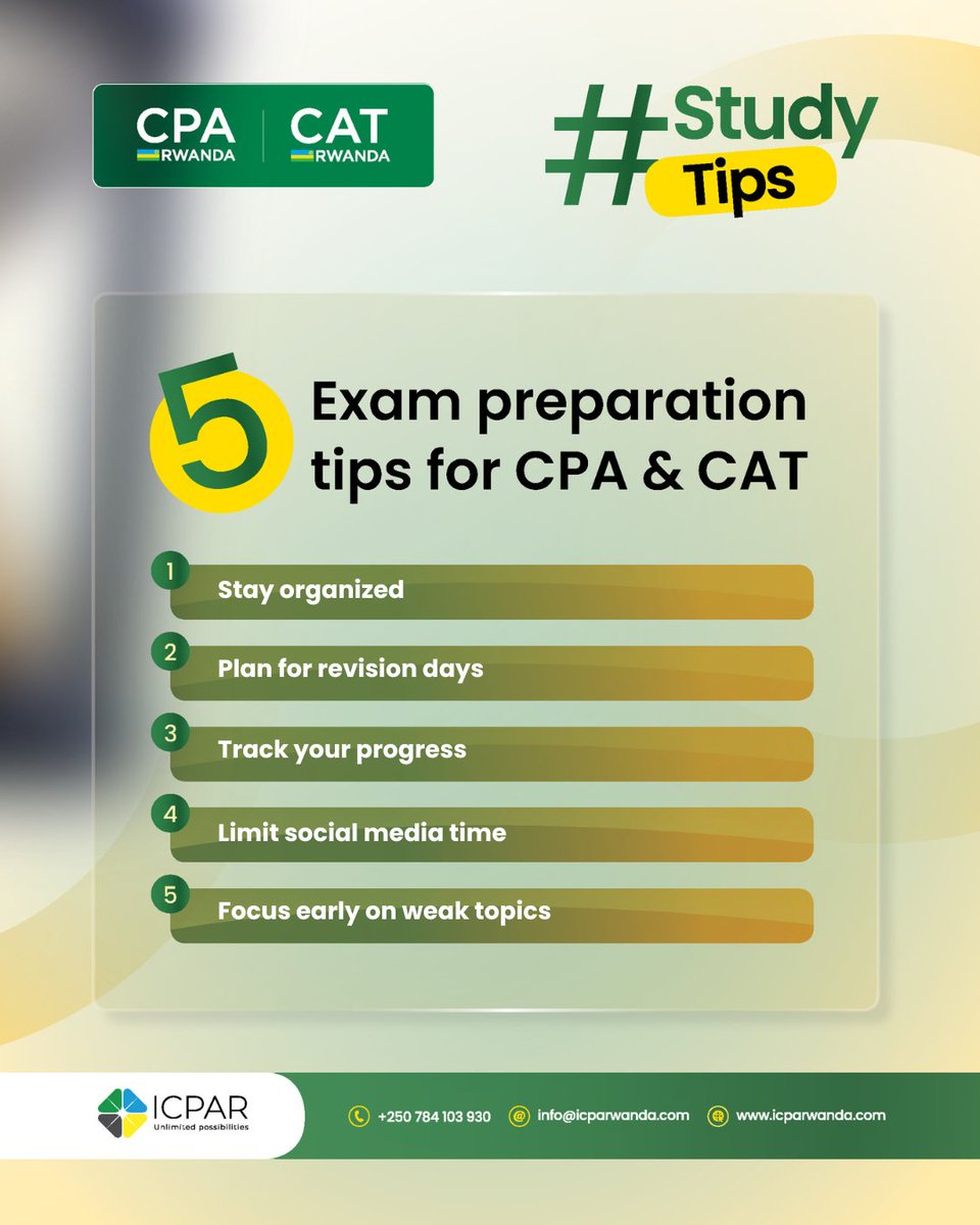 I_CPAR's tweet image. #StudyTips
Your journey to becoming a professional accountant starts here!
Stay motivated, plan your studies wisely, and keep your eyes on the goal.
These 5 study tips will help you prepare effectively for CPA or CAT exams.
 Registration closes October 31, apply now via…