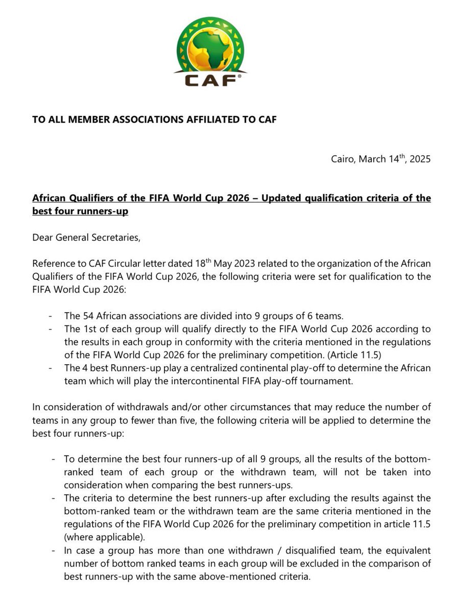 JeffSportstv1's tweet image. 🚨Here’s the letter from @CAF_Online to all associations back in March, specifically stating all teams who finish in second place in their #FIFAWorldCup qualifying group in Africa will have their results against the bottom team in the group annulled.