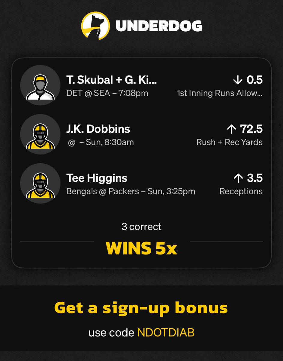 run it back on underdog? love this one for a 5x 

used my boost token for this one 

code: ndotdiab 

like for luck 🍀 

link to tail in comments ⬇️